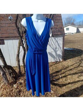Jessica Howard Royal Blue Midi-Length Wrap Dress V-Neck Tie Waist Wm 10
